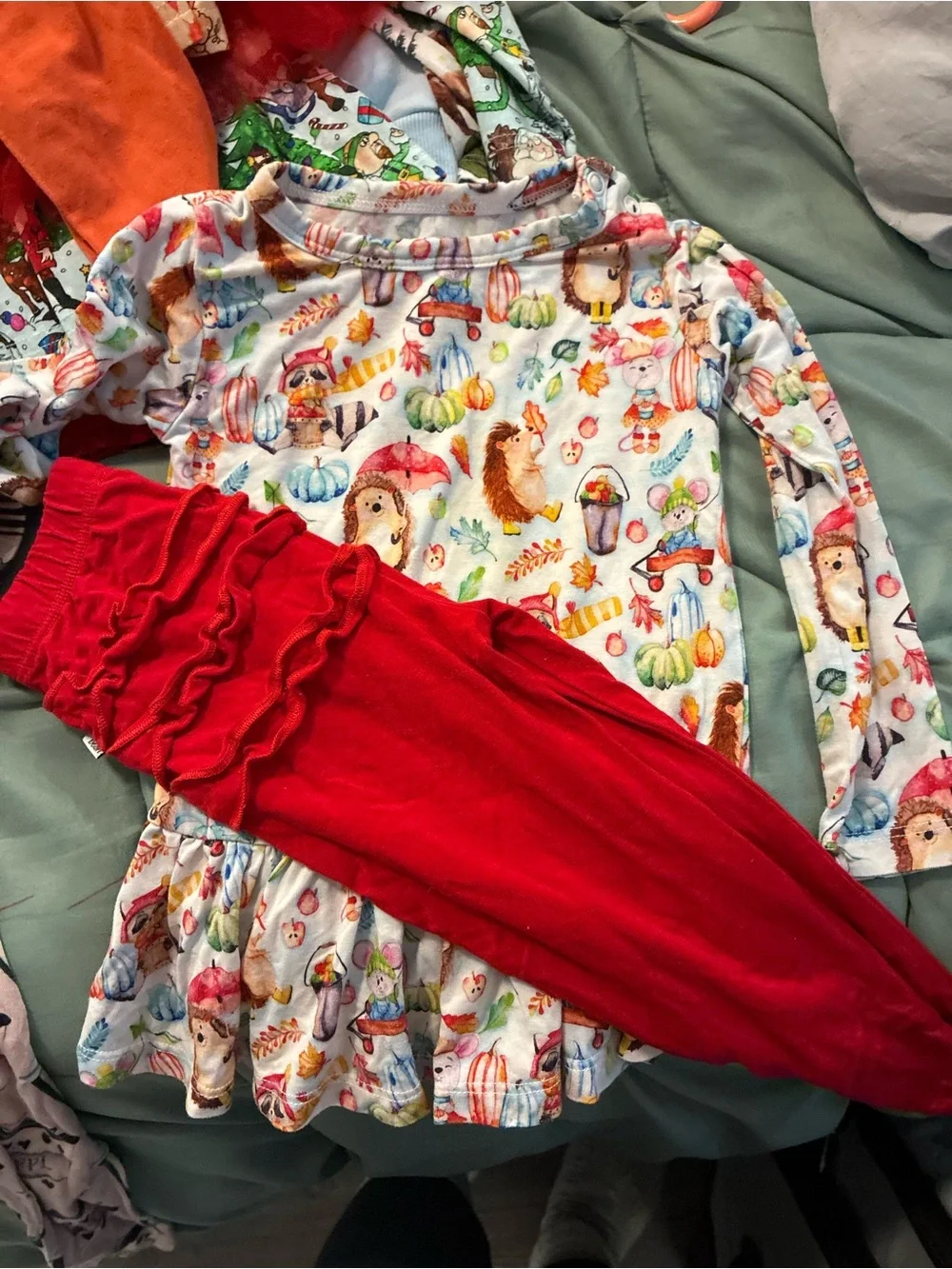 Kids Fall Animal Print Top & Red Ruffle Leggings Matching Set